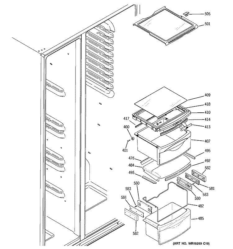 FRESH FOOD SHELVES Diagram and Parts List for GCG23YBMHFBB  General Electric Refrigerator