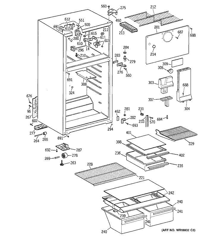 CABINET Diagram and Parts List for GTS18FBMDRWW  General Electric Refrigerator