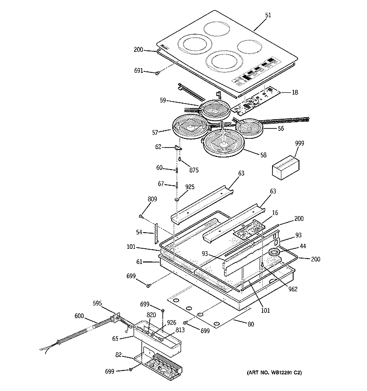CONTROL PANEL & COOKTOP Diagram and Parts List for ZEU30RWF2WW  General Electric Cooktop
