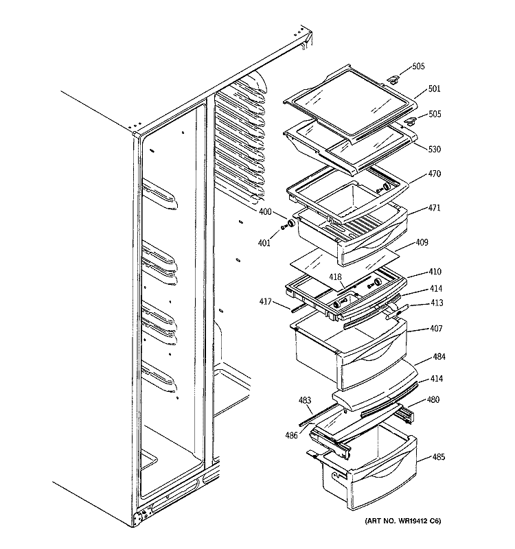 FRESH FOOD SHELVES Diagram and Parts List for PSR26LSRBSS  General Electric Refrigerator