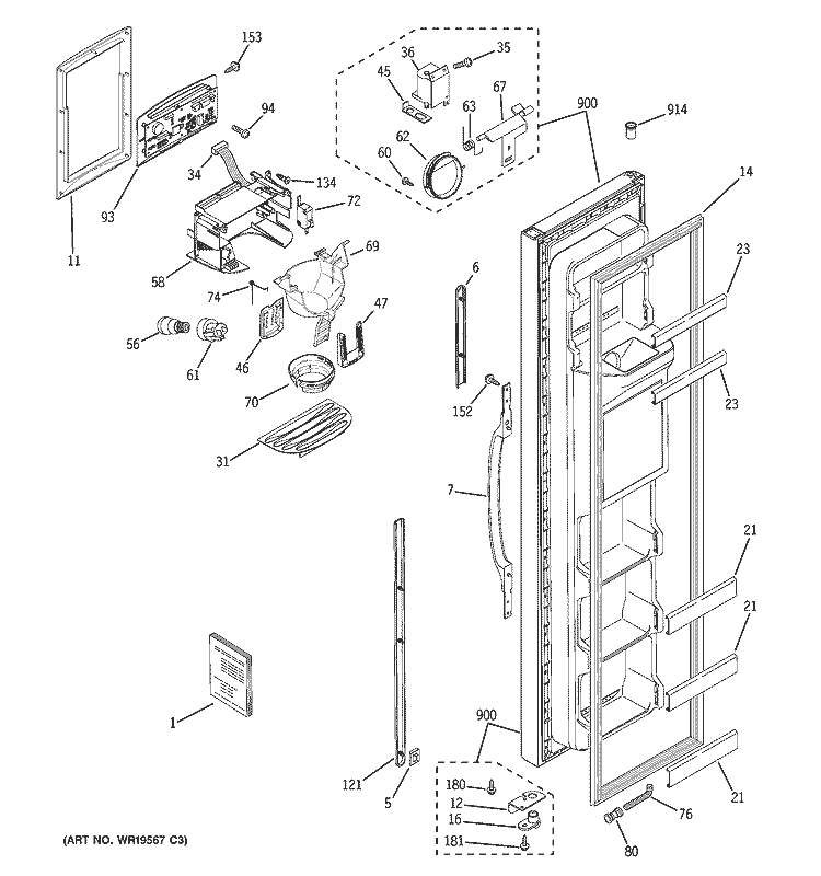 FREEZER DOOR Diagram and Parts List for GSG25MIPHFWW  General Electric Refrigerator
