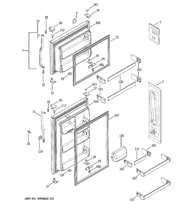DOORS Diagram and Parts List for DTL18ICSBRBS  General Electric Refrigerator
