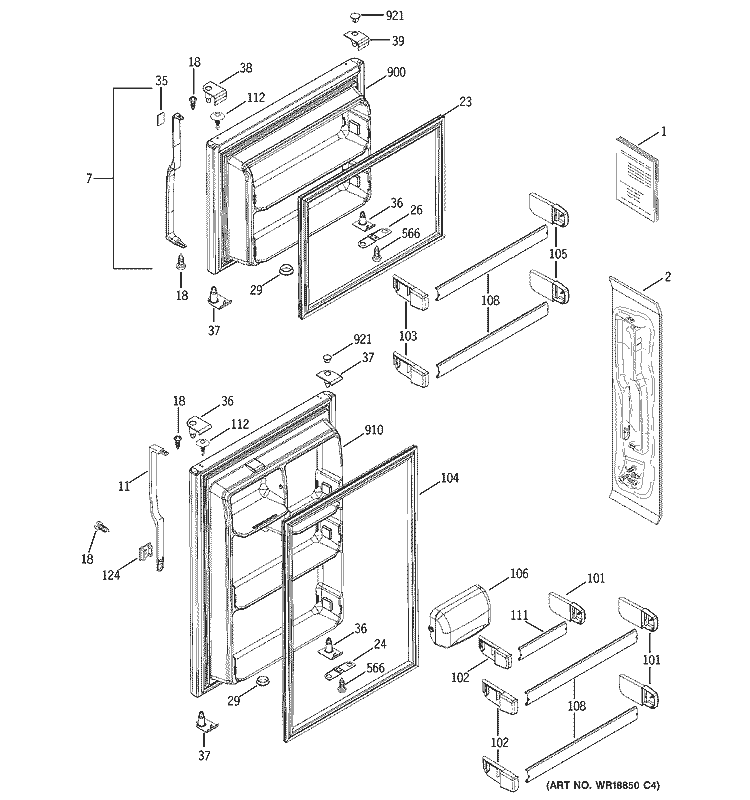 DOORS Diagram and Parts List for GTS18DBPFLCC  General Electric Refrigerator