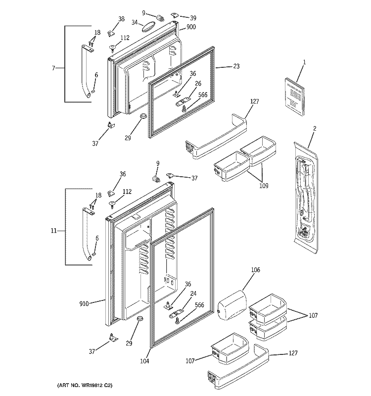 DOORS Diagram and Parts List for 38489KBSBRSS  General Electric Refrigerator