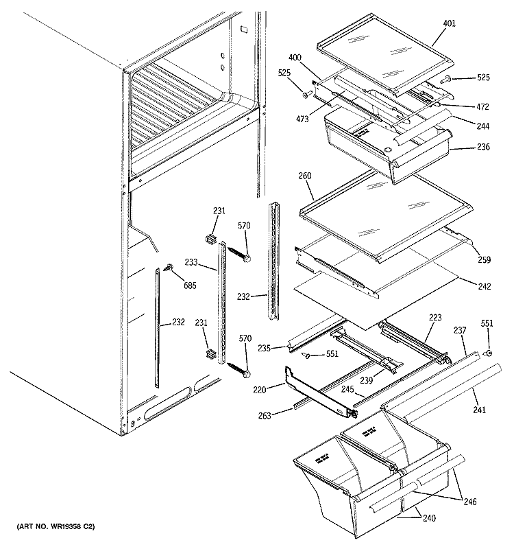 FRESH FOOD SHELVES Diagram and Parts List for GTH18JBRCRCC  General Electric Refrigerator