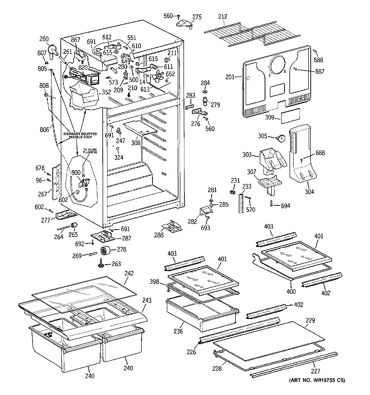 CABINET Diagram and Parts List for GTT18HCSERWW  General Electric Refrigerator