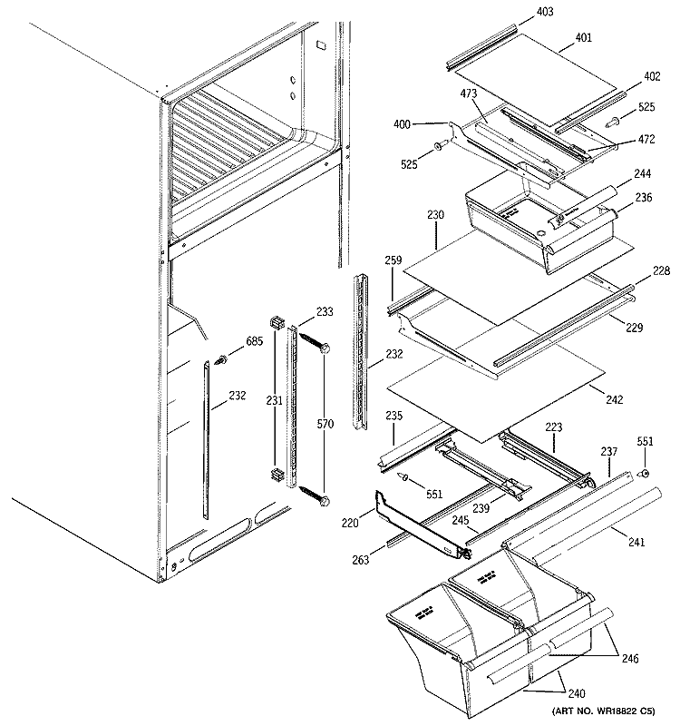 FRESH FOOD SHELVES Diagram and Parts List for STS18ZCPFRWW  General Electric Refrigerator