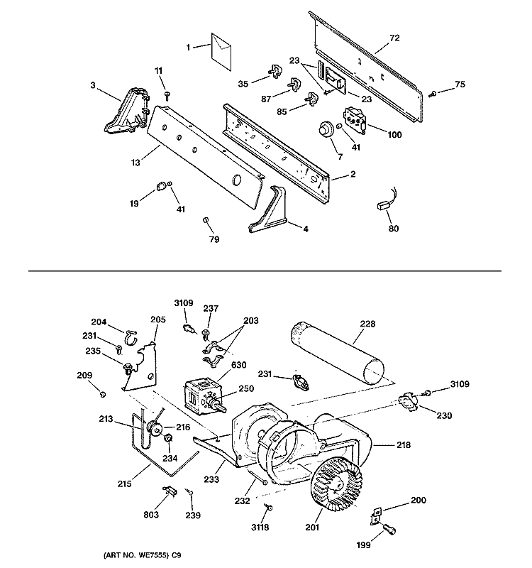 BACKSPLASH, BLOWER & MOTOR ASSEMBLY Diagram and Parts List for DPSR513EA2AA  General Electric Dryer