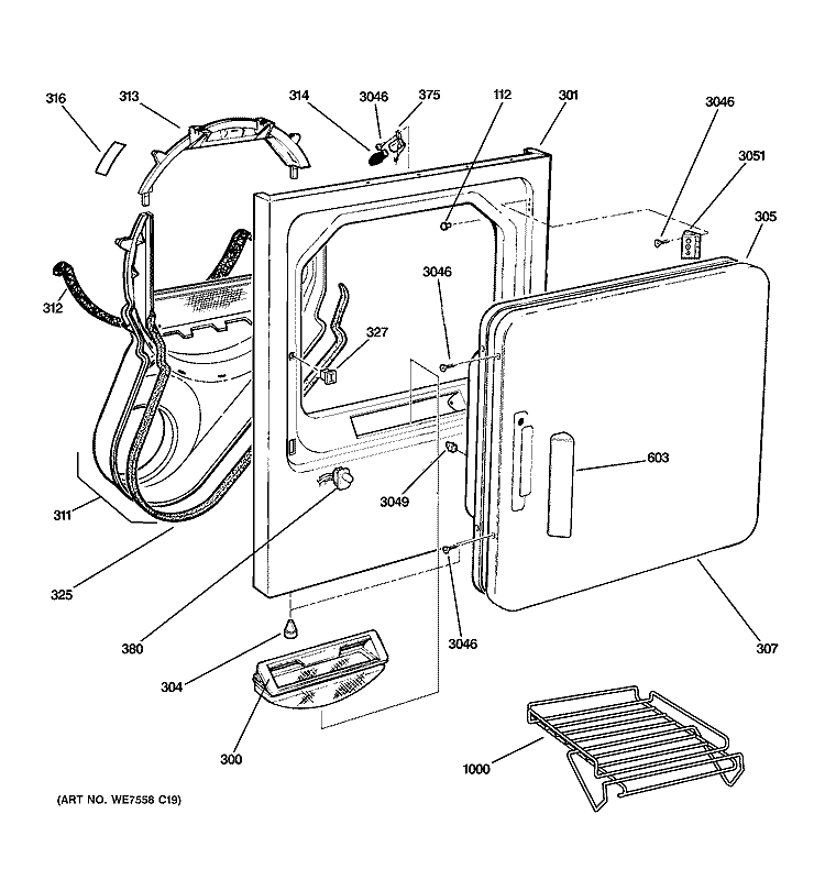 FRONT PANEL & DOOR Diagram and Parts List for DQSR483GE1WW  General Electric Dryer