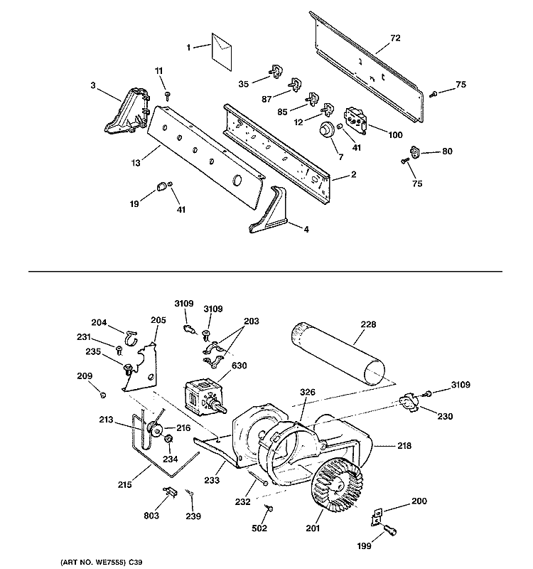 BACKSPLASH, BLOWER & MOTOR ASSEMBLY Diagram and Parts List for DRSR483ED1WW  General Electric Dryer