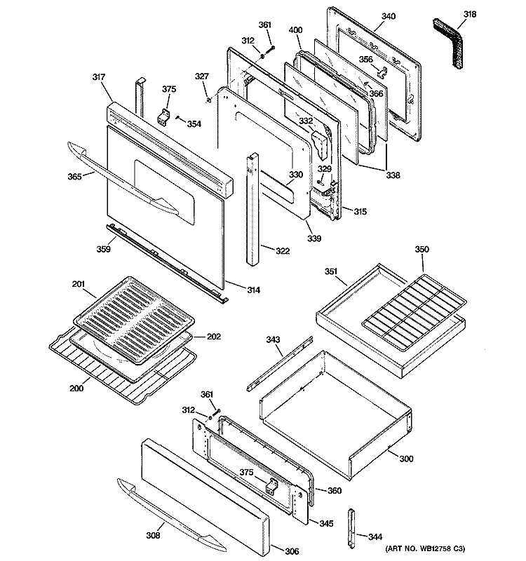 DOOR & DRAWER PARTS Diagram and Parts List for JGB905CEF1CC  General Electric Range