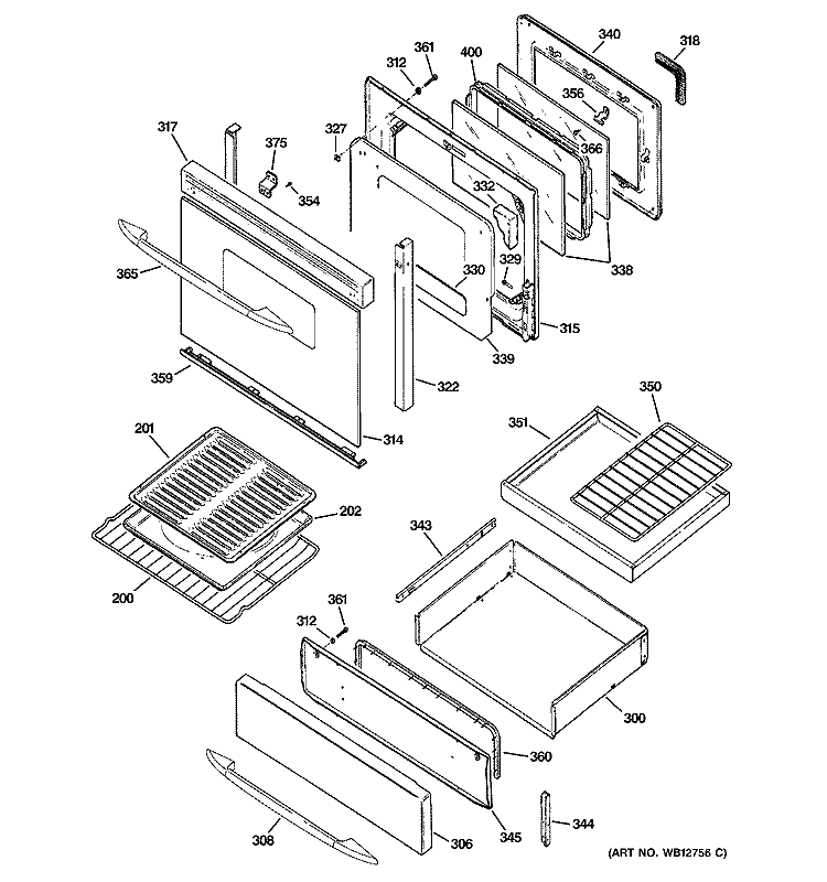 DOOR & DRAWER PARTS Diagram and Parts List for JGB920BEF1BB  General Electric Range