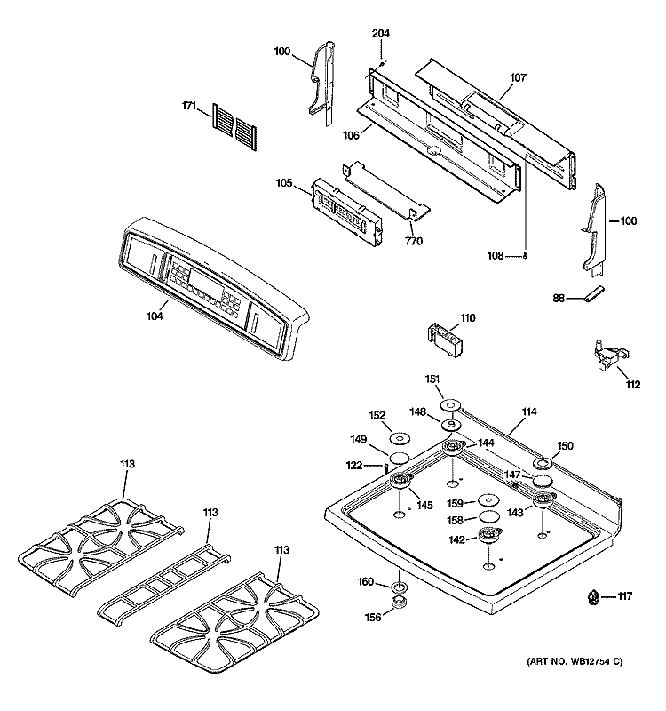CONTROL PANEL & COOKTOP Diagram and Parts List for JGB920BEF2BB  General Electric Range