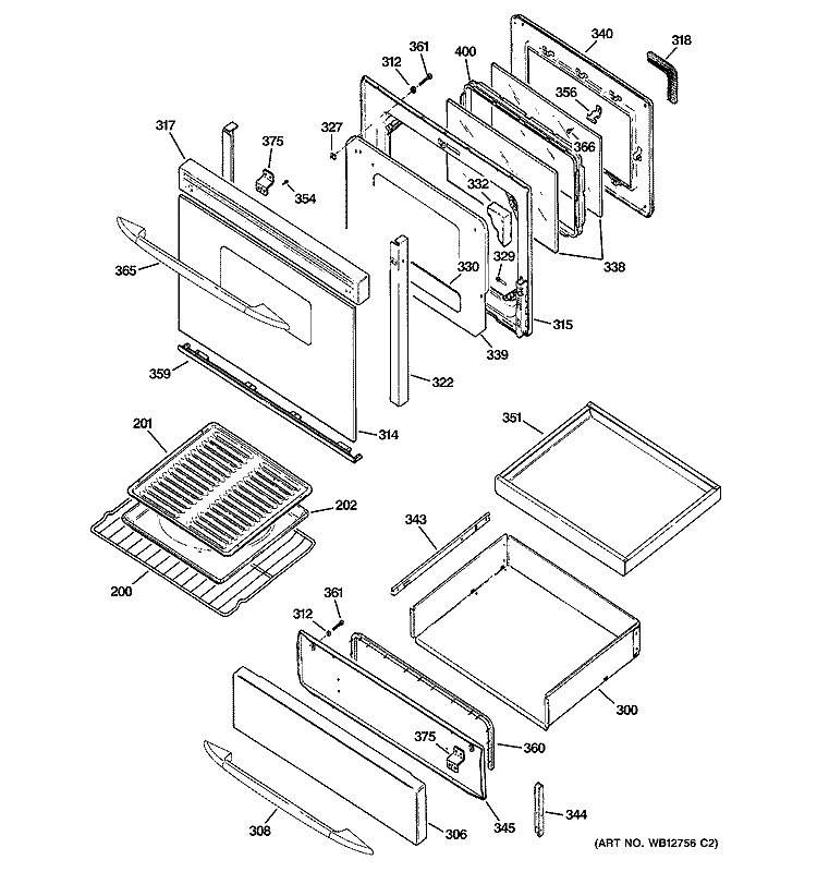 DOOR & DRAWER PARTS Diagram and Parts List for JGB920BEF2BB  General Electric Range