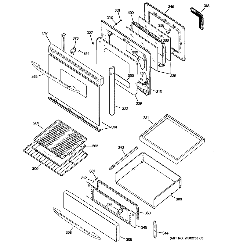 DOOR & DRAWER PARTS Diagram and Parts List for JGB920SEF2SS  General Electric Range