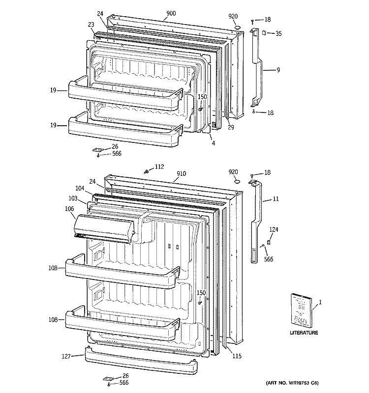 DOORS Diagram and Parts List for GTS18CBSERCC  General Electric Refrigerator