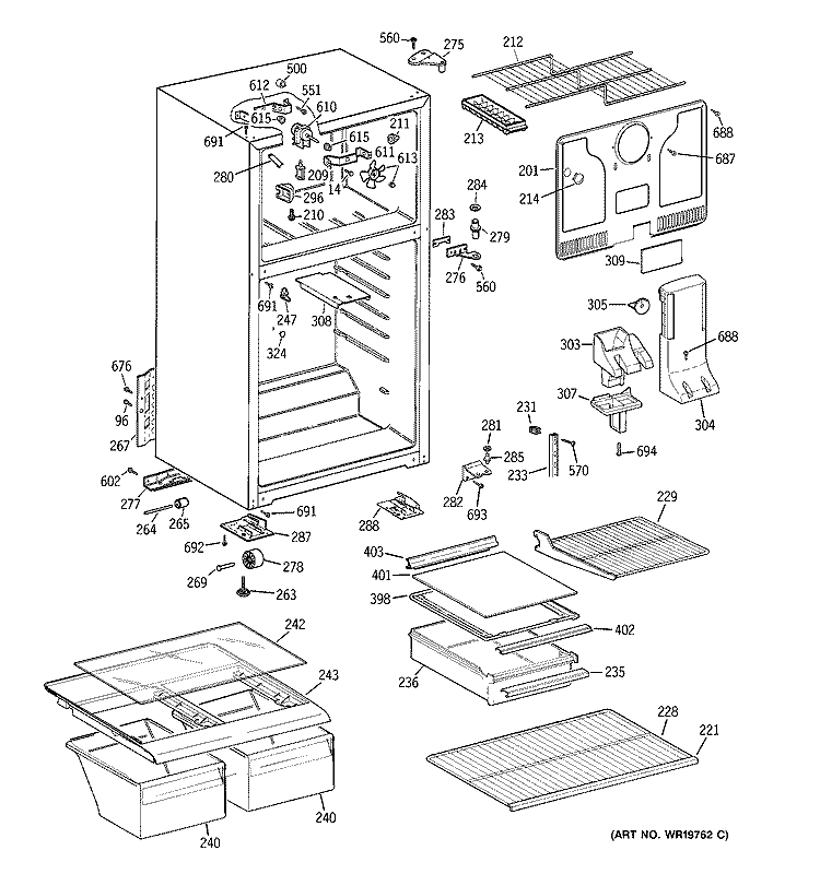 CABINET Diagram and Parts List for GTS18FBSERCC  General Electric Refrigerator