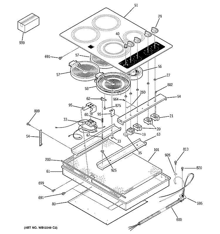 CONTROL PANEL & COOKTOP Diagram and Parts List for JP355TK1WW  General Electric Cooktop