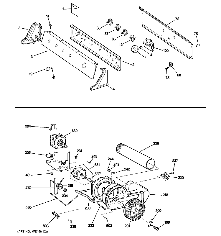 CONTROLS, BACKSPLASH, BLOWER & MOTOR Diagram and Parts List for DLSR483EE1WW  General Electric Dryer