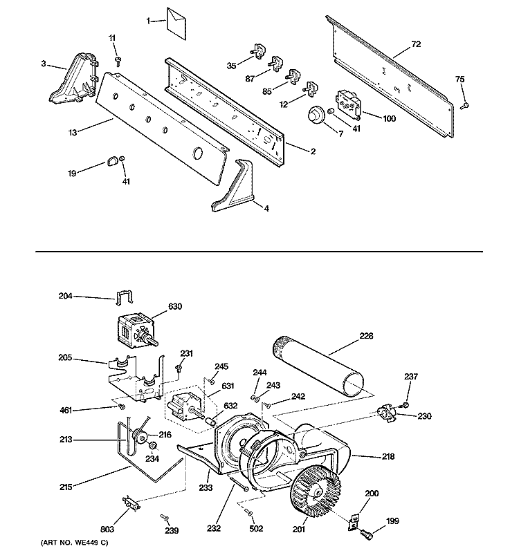 BACKSPLASH, BLOWER & MOTOR ASSEMBLY Diagram and Parts List for DLSR483GE1CC  General Electric Dryer