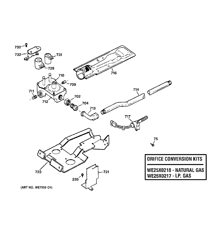 GAS VALVE & BURNER ASSEMBLY Diagram and Parts List for DLSR483GE1CC  General Electric Dryer