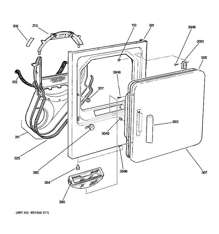 FRONT PANEL & DOOR Diagram and Parts List for DISR333FC2WW  General Electric Dryer