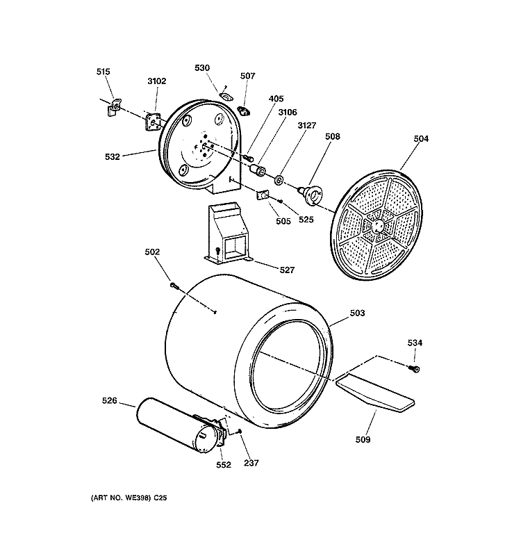 DRUM Diagram and Parts List for DISR333FC2WW  General Electric Dryer