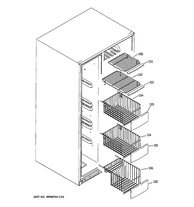 FREEZER SHELVES Diagram and Parts List for PSS23MSSASS  General Electric Refrigerator