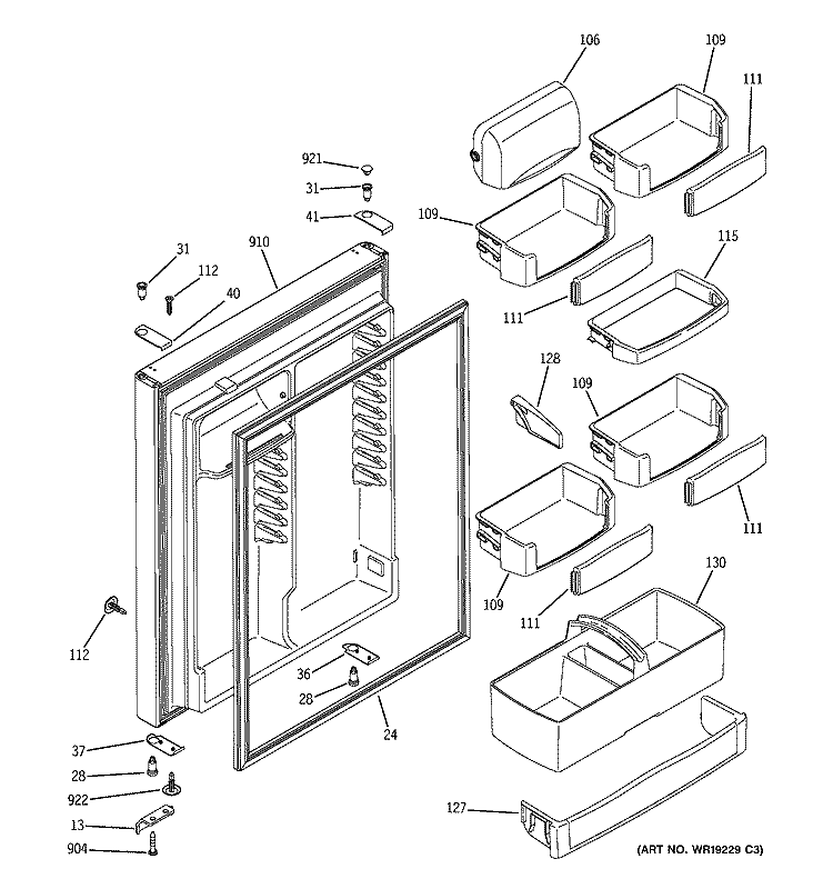 FRESH FOOD DOOR Diagram and Parts List for PTG25SBSARSS  General Electric Refrigerator