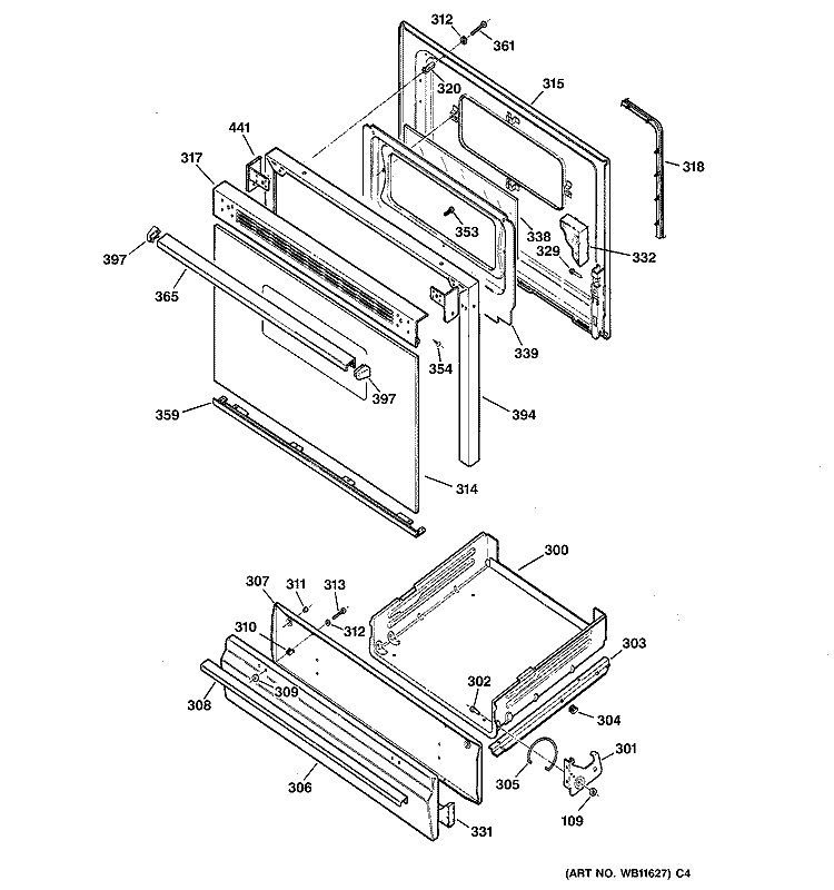 DOOR & DRAWER PARTS Diagram and Parts List for JGBS20BEW2WH  General Electric Range