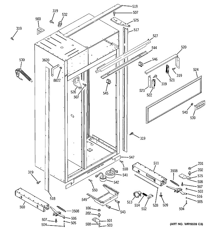 CASE PARTS Diagram and Parts List for ZISS360NRDSS  General Electric Refrigerator