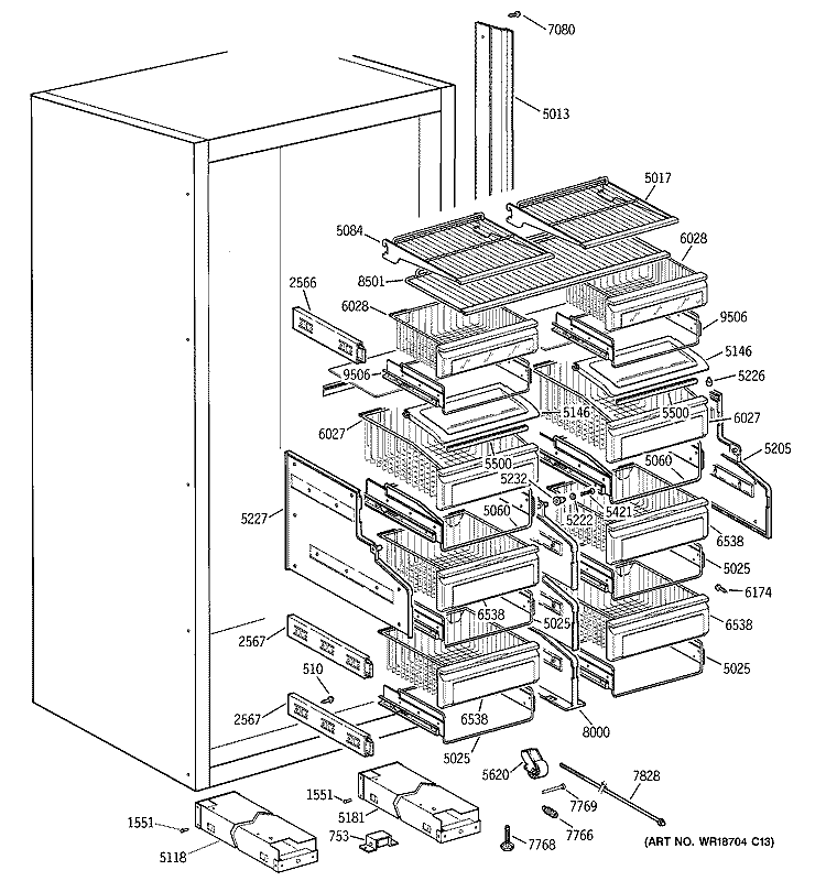 SHELVES & DRAWERS Diagram and Parts List for ZIF36NMDLH  General Electric Freezer