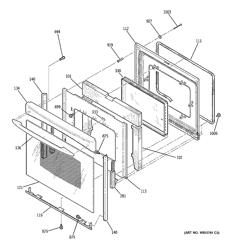 DOOR Diagram and Parts List for JBP48WH3WW  General Electric Range