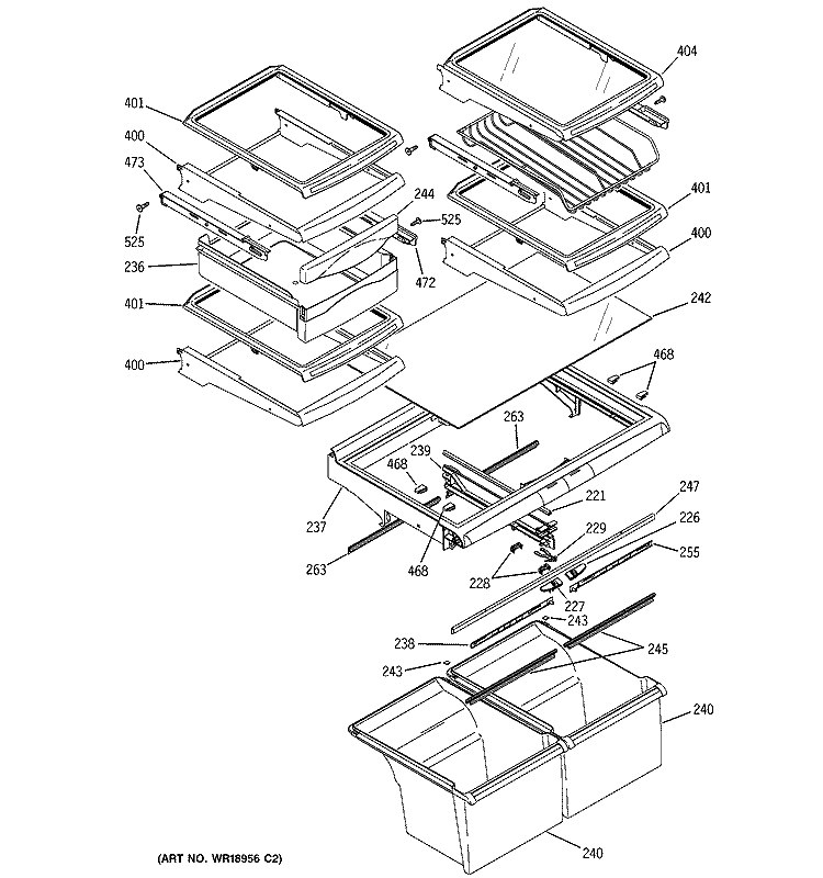 FRESH FOOD SHELVES Diagram and Parts List for GTS22QBNARBB  General Electric Refrigerator