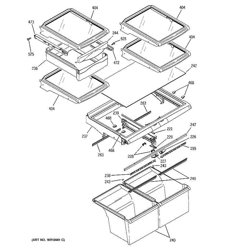 FRESH FOOD SHELVES Diagram and Parts List for GTS22QBPARBB  General Electric Refrigerator