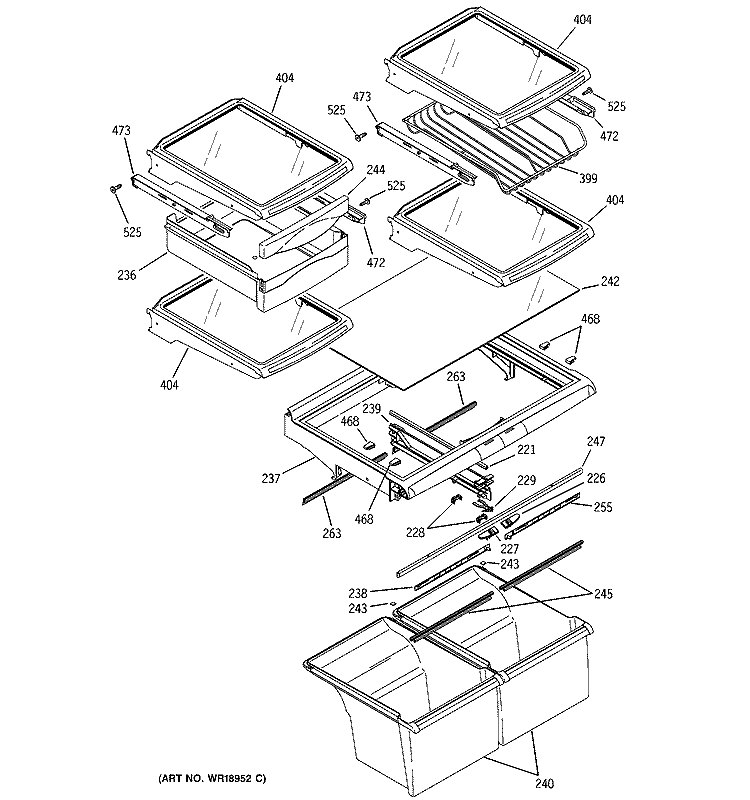 FRESH FOOD SHELVES Diagram and Parts List for GTS22UBPARWW  General Electric Refrigerator