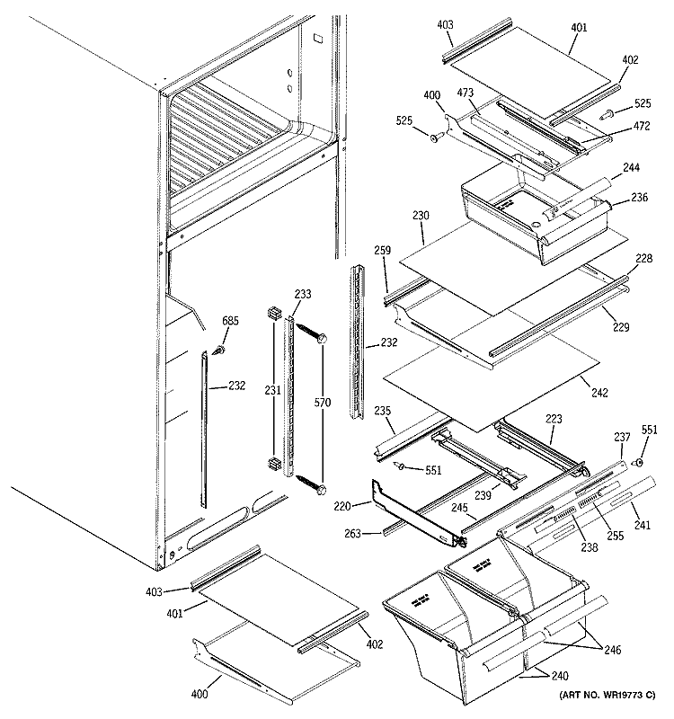FRESH FOOD SHELVES Diagram and Parts List for DTH18ZBSARWW  General Electric Refrigerator