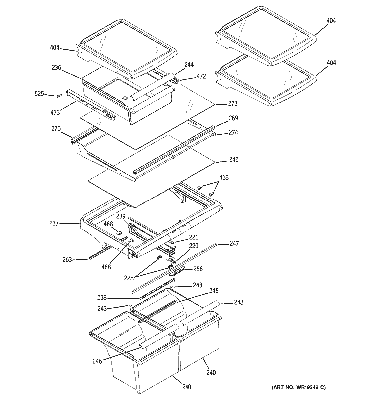 FRESH FOOD SHELVES Diagram and Parts List for GTS22JBPARWW  General Electric Refrigerator