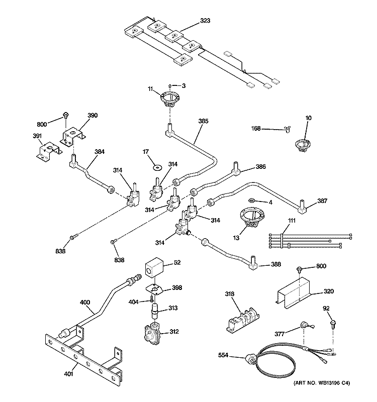 GAS & BURNER PARTS Diagram and Parts List for JGP637BEJ2BB  General Electric Cooktop