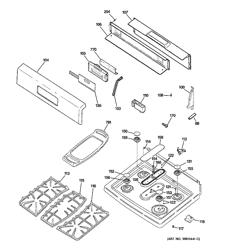 CONTROL PANEL & COOKTOP Diagram and Parts List for JGBP88BEK1BB  General Electric Range