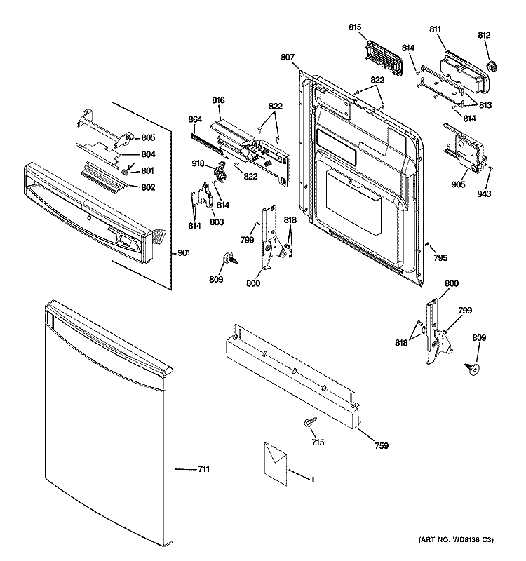 ESCUTCHEON & DOOR ASSEMBLY Diagram and Parts List for PDW8211J10WW  General Electric Dishwasher