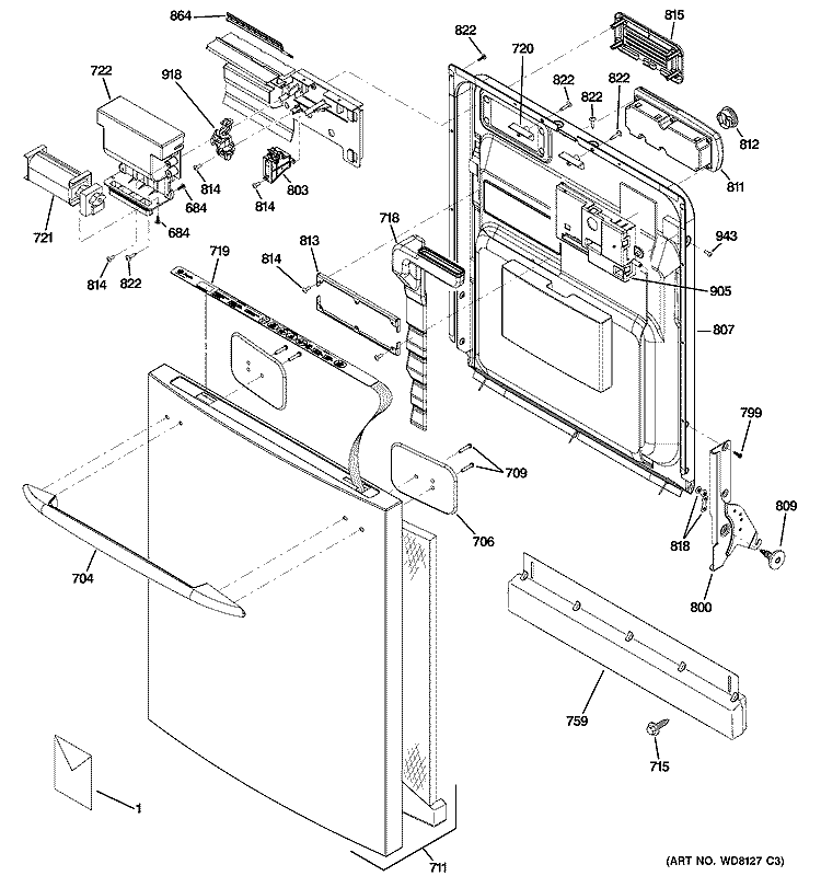 ESCUTCHEON & DOOR ASSEMBLY Diagram and Parts List for PDW9200J10BB  General Electric Dishwasher