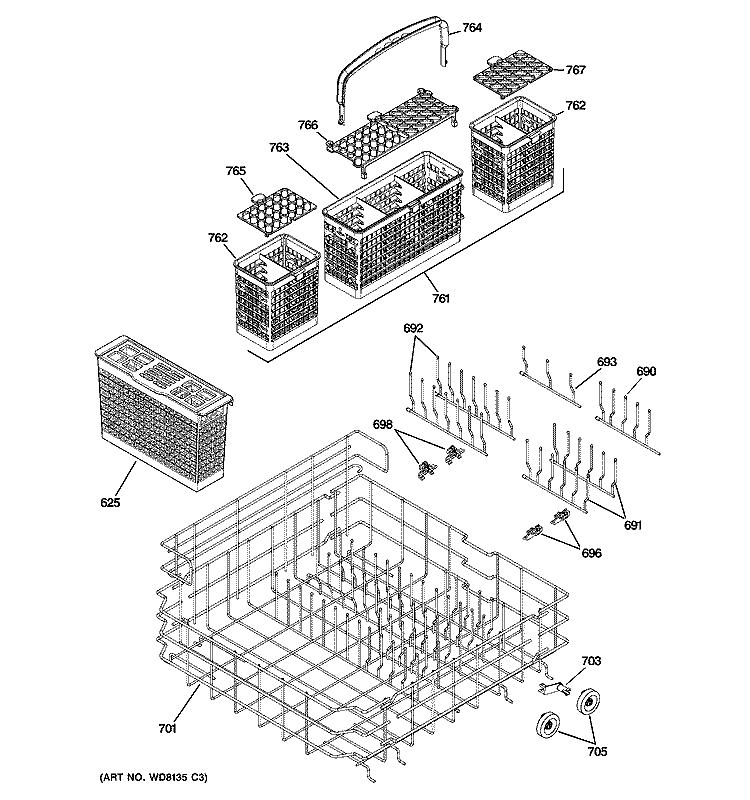 LOWER RACK ASSEMBLY Diagram and Parts List for PDW9700J10II  General Electric Dishwasher