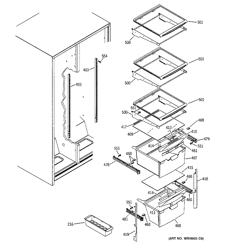 FRESH FOOD SHELVES Diagram and Parts List for GSG22KESAFWW  General Electric Refrigerator