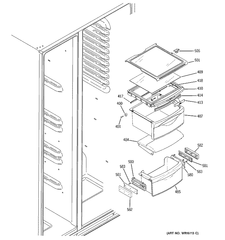 FRESH FOOD SHELVES Diagram and Parts List for GSR23YBPBWW  General Electric Refrigerator