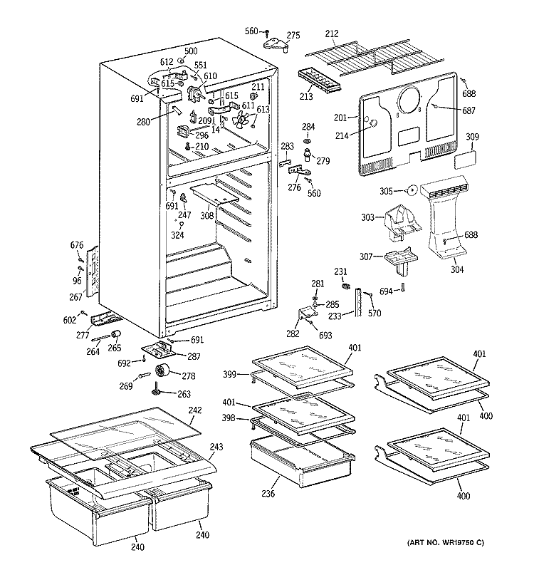 CABINET Diagram and Parts List for 37511KBSARWW  General Electric Refrigerator