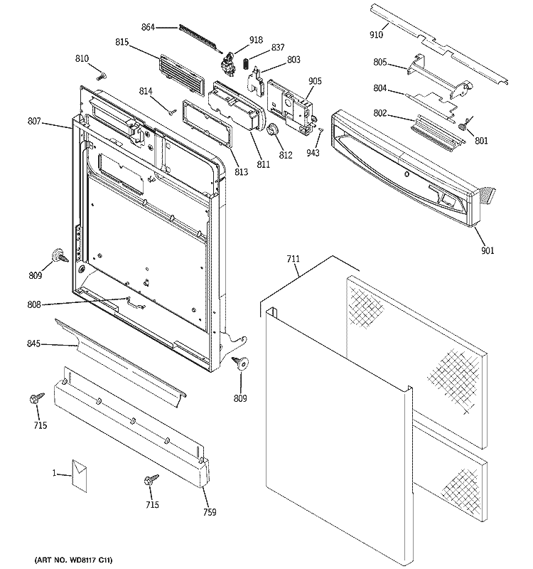 ESCUTCHEON & DOOR ASSEMBLY Diagram and Parts List for GSD6200J03CC  General Electric Dishwasher