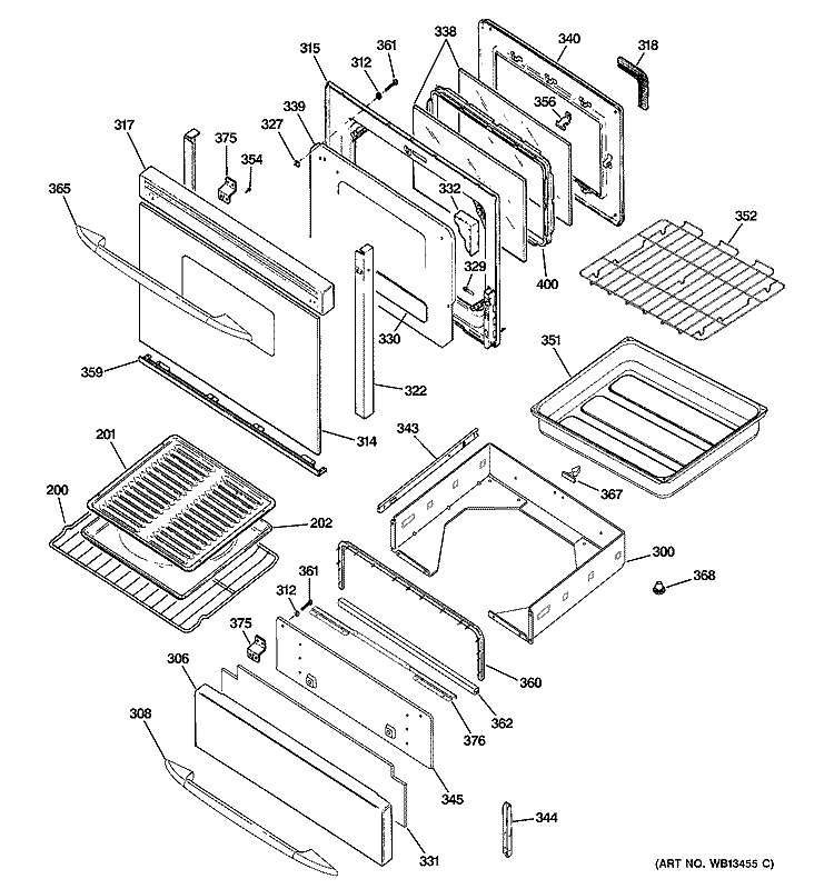 DOOR & DRAWER PARTS Diagram and Parts List for J2B918WEK2WW  General Electric Range