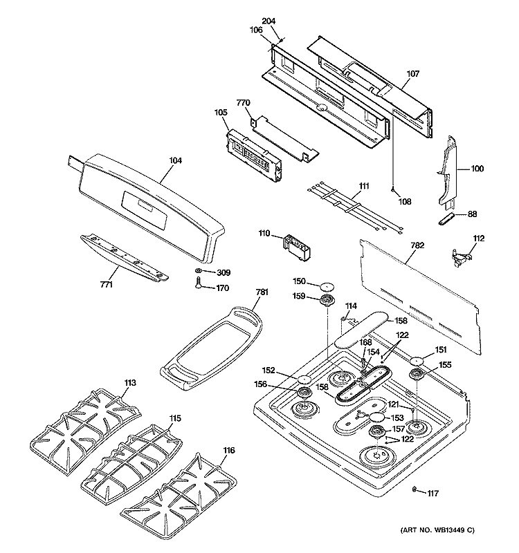 CONTROL PANEL & COOKTOP Diagram and Parts List for J2B918SEK2SS  General Electric Range