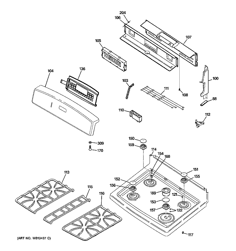 CONTROL PANEL & COOKTOP Diagram and Parts List for JGB900CEK2CC  General Electric Range